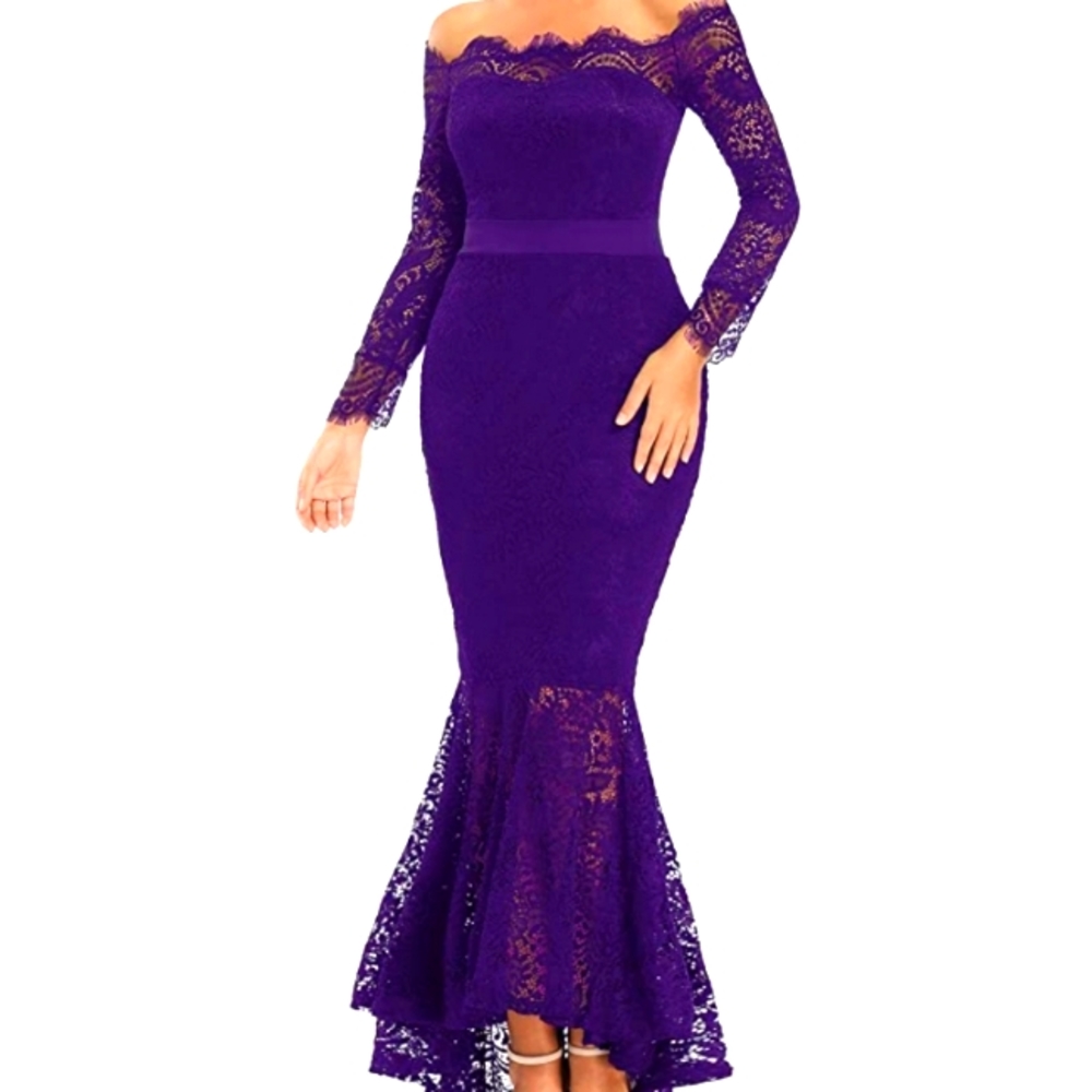 LALAGEN Women's Floral Lace Long Sleeve Off Shoulder Wedding Mermaid Dress-XL